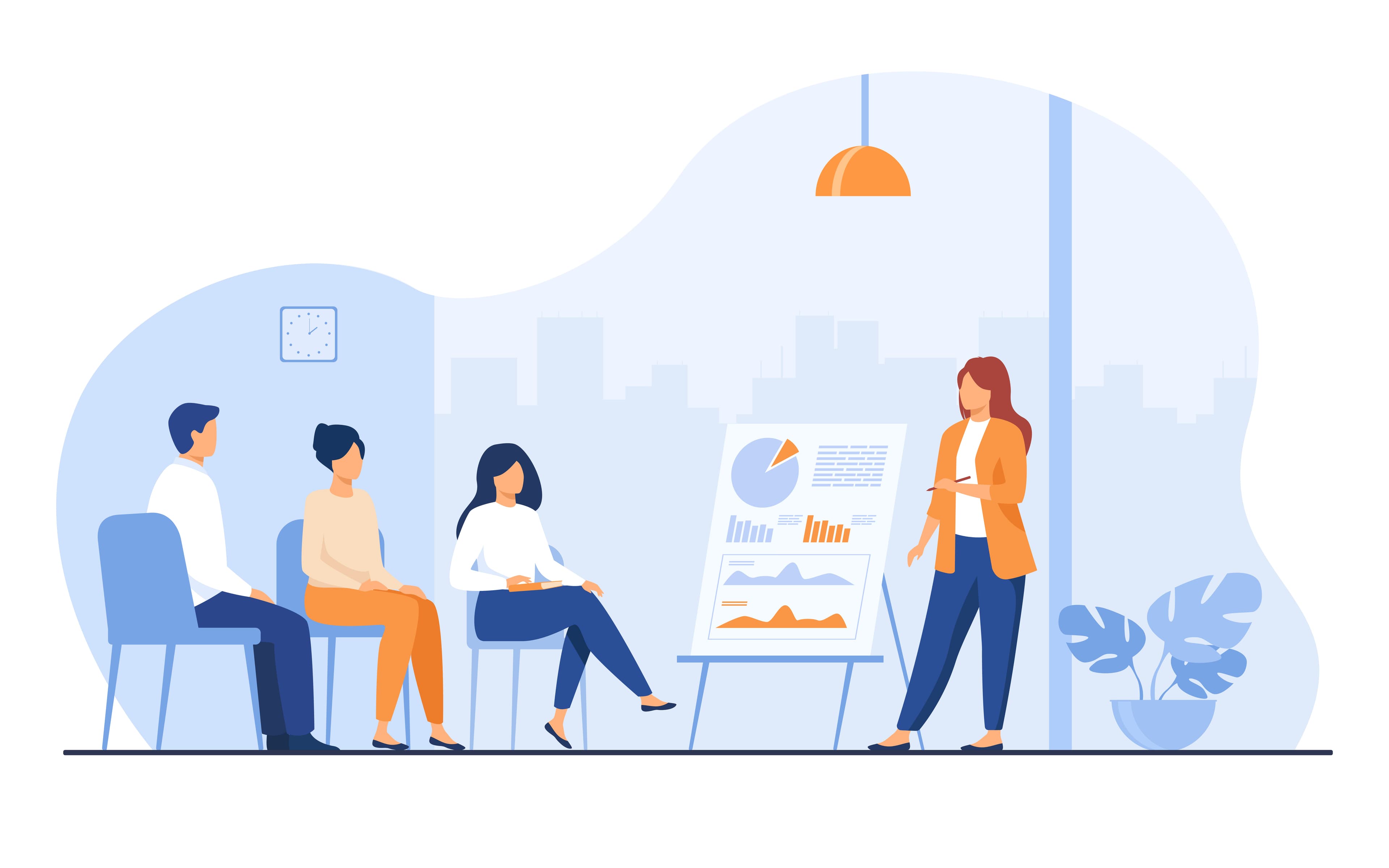 Illustration of a team and presenter analyzing data on a presentation chart to debrief a learning simulation.