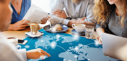 Global and people looking at routes