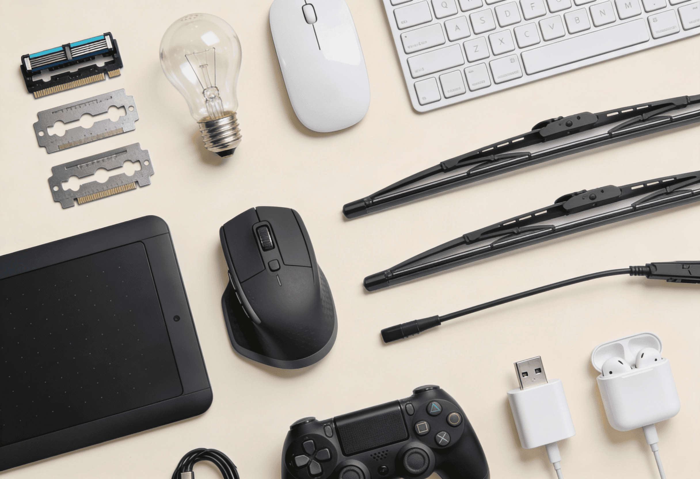 A variety of consumer products suitable for an aftermarket strategy: windshield wipers, razor blades, electronic accessories. 