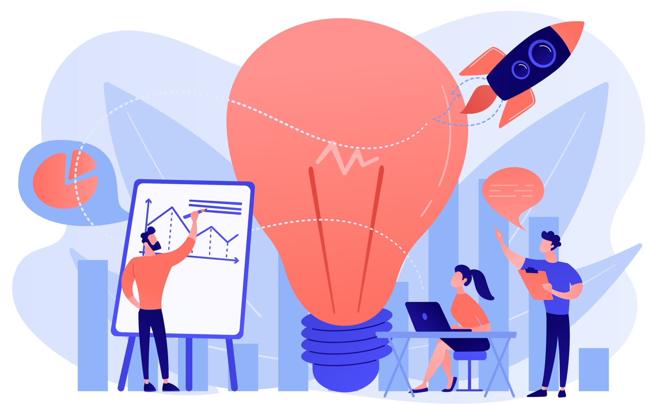 illustration of marketing team analyzing performance charts and planning a product launch strategy.