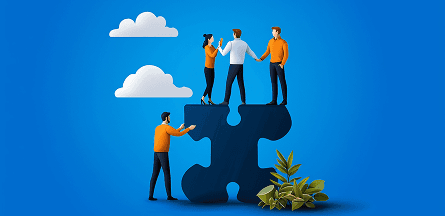 Forio 4 Attributes of simulations four team members standing on a puzzle piece blue sky cloud background