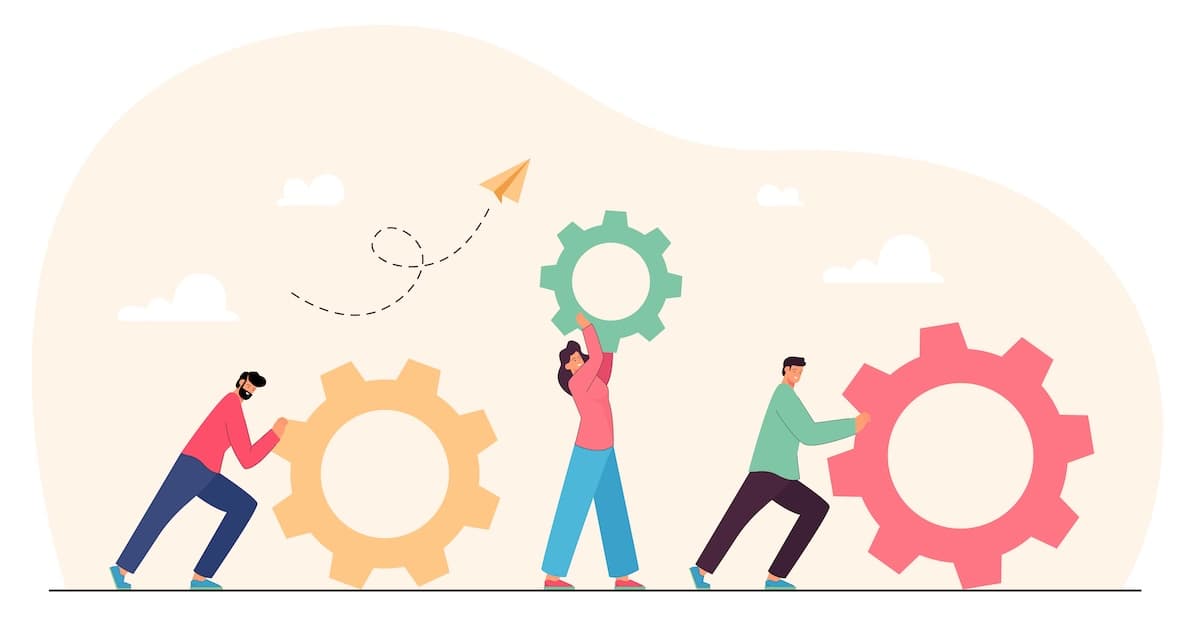 illustration of change management - colorful scene teamwork of tiny people with gears and cogwheels